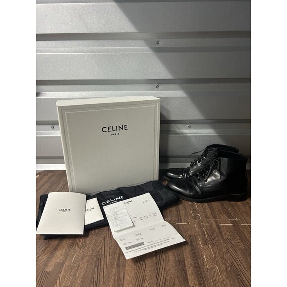 CELINE Women’s Army Lace Up Black Leather Boots Size 38 Made in Italy - Picture 1 of 8